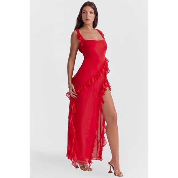 NEW House of CB Ariela Ruffle Maxi Dress Red Rose Cherry Medium - Picture 7 of 17